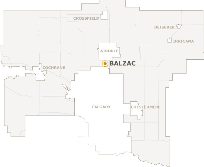 Map of Rocky View County showing where Balzac is located