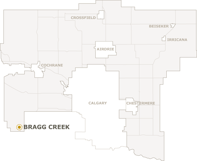 Map of Rocky View County showing where Bragg Creek is located