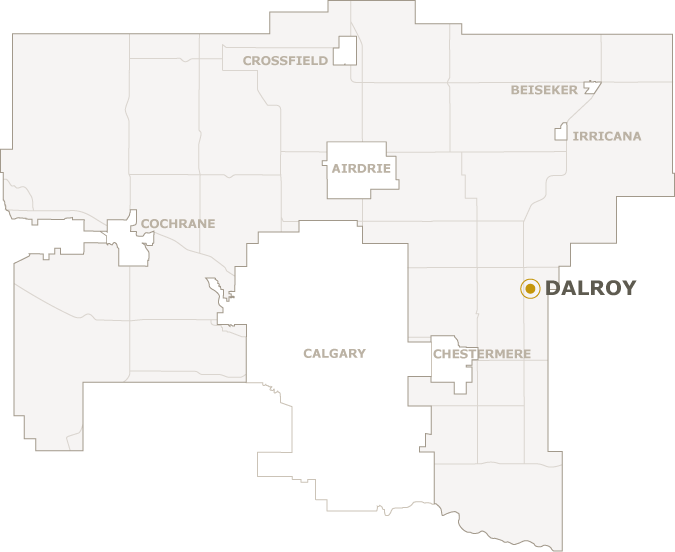 Map of Rocky View County showing where Dalroy is located