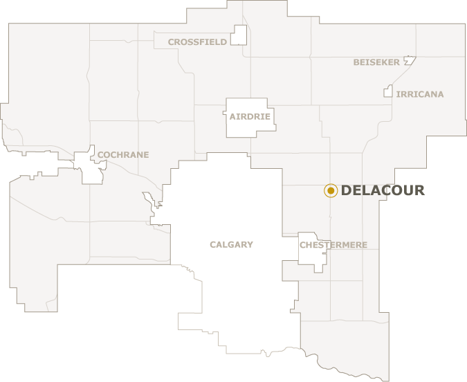 Map of Rocky View County showing where Delacour is located