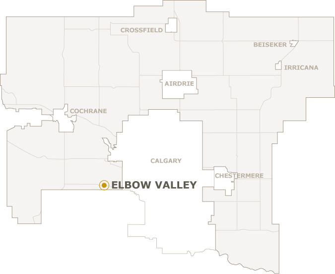 Map of Rocky View County showing where Elbow Valley is located