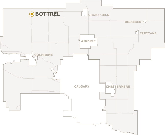 Map of Rocky View County showing where Bottrel is located