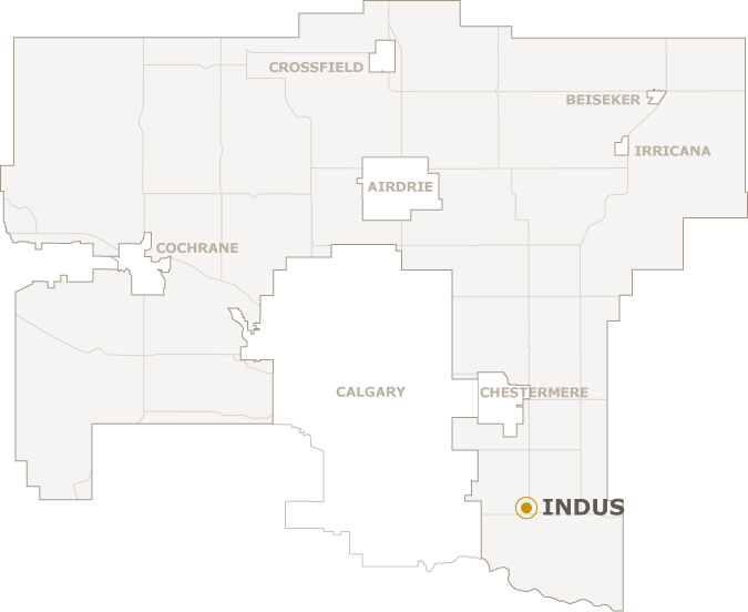 Map of Rocky View County showing where Indus is located