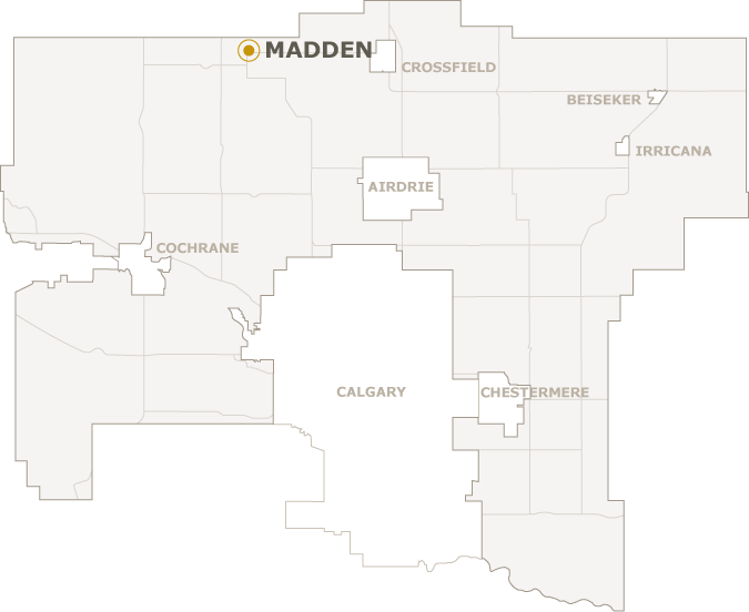 Map of Rocky View County showing where Madden is located