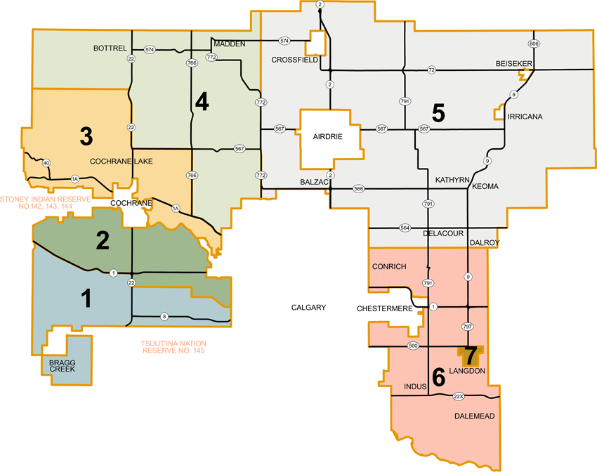 Map of Rocky View County showing the electoral divisions and hamlets