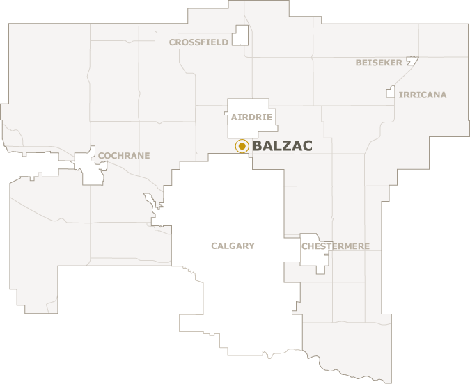 Map highlighting Balzac with surrounding areas named.