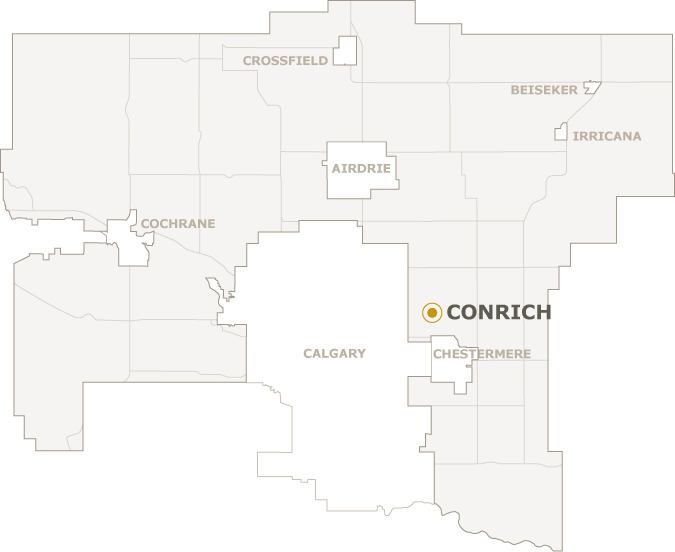 Map highlighting Conrich in a county area with labeled towns.