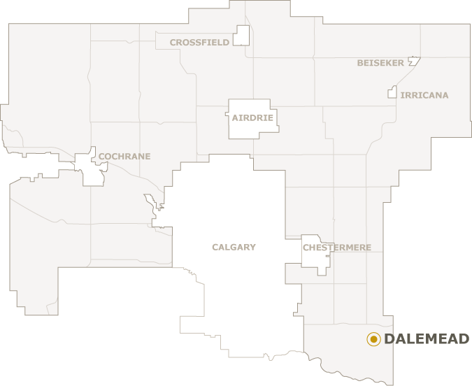 Map highlighting Dalemead with labeled regions and cities around Calgary.