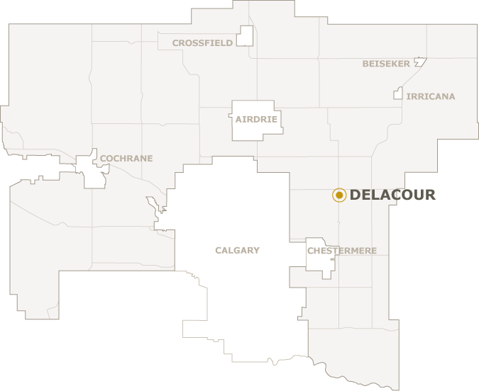 Map highlighting Delacour in a region near Calgary.