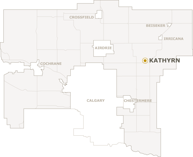 Map showing Kathyrn in southern Alberta, highlighting nearby towns.