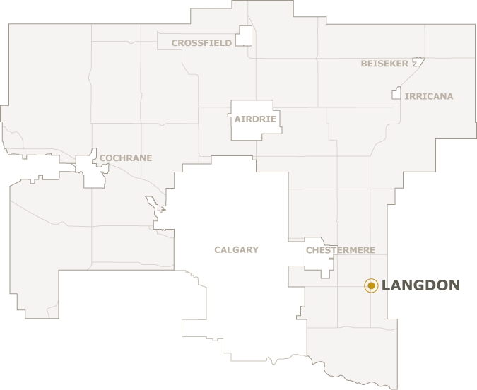 Map showing Langdon highlighted in yellow in southern Alberta, Canada.