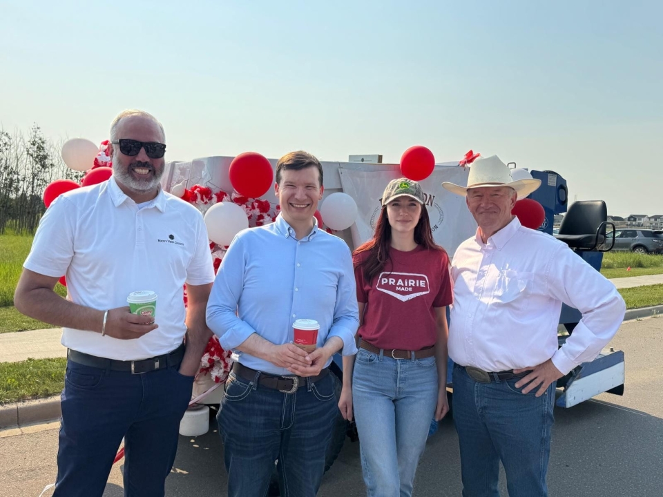 Reeve Sunny Samra, Calgary Mayor Jeromy Farkas, Chestermere-Strathmore MLA Chantelle de Jonge, and Bow River MP David Bexte.